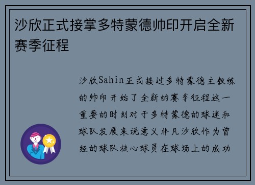 沙欣正式接掌多特蒙德帅印开启全新赛季征程 沙欣正式接掌多特蒙德帅印开启全新赛季征程